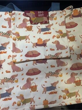 2PC Set Dachshund Print Pet Tote Bag - Cream with Brown/Pink Accents